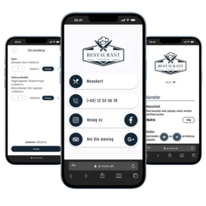 Digitalt menukort med bestilling og betaling vist på mobiltelefoner
