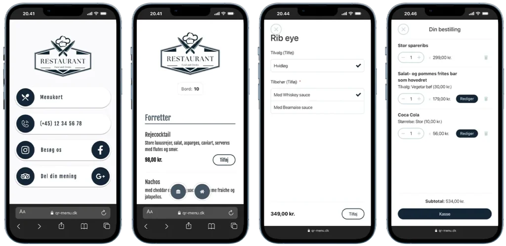 QR menu demo på mobil der viser digitalt menukort, bestilling fra bordet og tilvalg